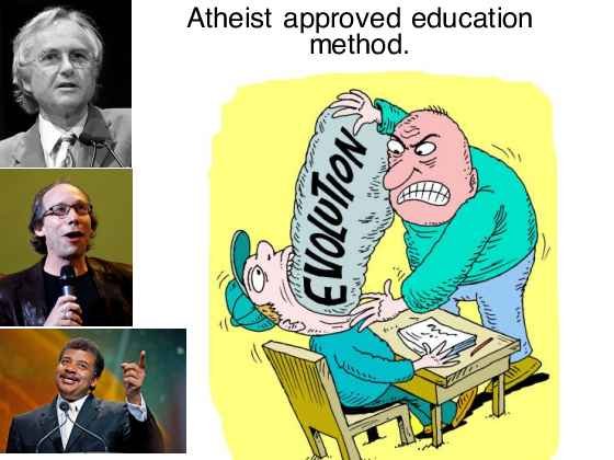 And this image it shows the teacher forcing down the word evolution down the students' throat.