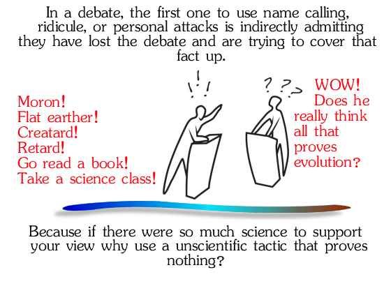 This is an image that is cartoonish and has two people standing behind pulpits yelling at one another. And shows how silly it is for the atheist to call the Christian a bunch of names when they can address the creation evidence or the creation questions.