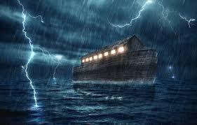This image shows Noah's Ark on the ocean with lightning striking all around it.