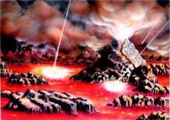 This is an image off of a scientific website that shows the process of the earth cooling off with a mixture of rock and lava.