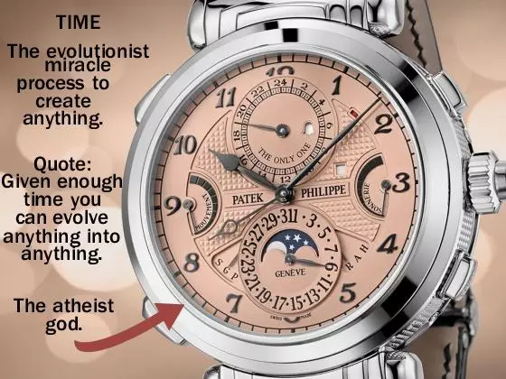 This is an image of a watch that is silver or stainless steel, and has a brownish gold color watch face. In the text is talking about how time is the atheist god. Because they think time will solve all problems concerning evolution.
