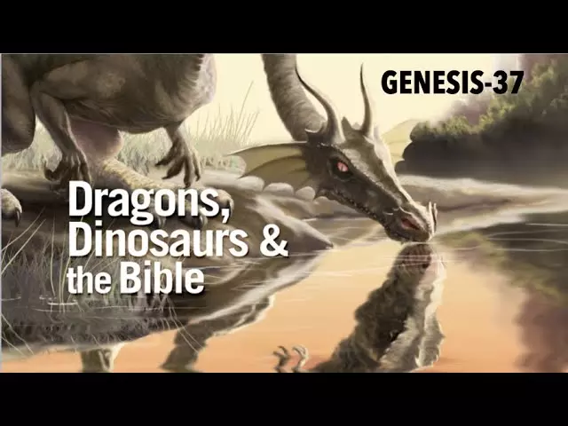 This is an image that is connected to a video, so you can click it to play the video. The image has a picture of a dinosaur drinking water and the text says: Genesis 37 dragons, dinosaurs and the Bible.